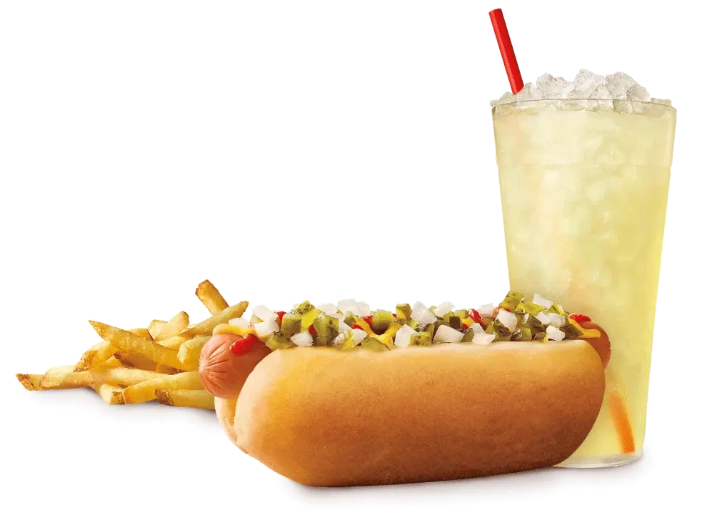 Hot dog with toppings, fries, and a cold drink from a drive-in restaurant franchise.