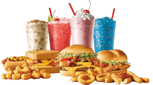 Assorted fast food items from a drive-in restaurant franchise, including burgers, shakes, and fried sides.